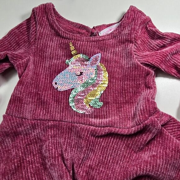 Baby Girl 12M Plush Sequin Unicorn Dress Ruffle Sleeve Dark Pink Velour Skater - Picture 9 of 9